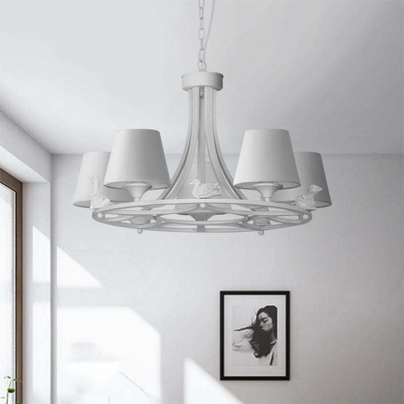 5-Light Living Room Chandelier Contemporary White Hanging Ceiling Lamp with Barrel Fabric Shade Clearhalo 'Ceiling Lights' 'Chandeliers' 'Modern Chandeliers' 'Modern' Lighting' 736494