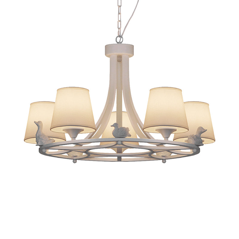 5-Light Living Room Chandelier Contemporary White Hanging Ceiling Lamp with Barrel Fabric Shade Clearhalo 'Ceiling Lights' 'Chandeliers' 'Modern Chandeliers' 'Modern' Lighting' 736495