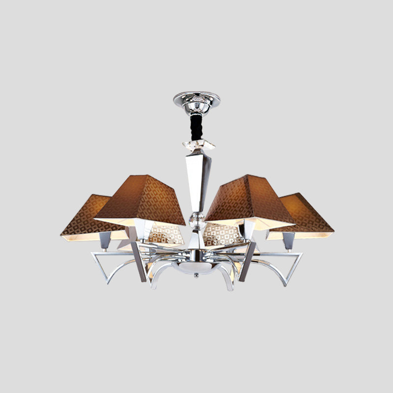 Geometric Fabric Ceiling Chandelier Modernism 6 Lights Brown Pendant Lamp Fixture with Chrome Arm Clearhalo 'Ceiling Lights' 'Chandeliers' 'Modern Chandeliers' 'Modern' Lighting' 736503