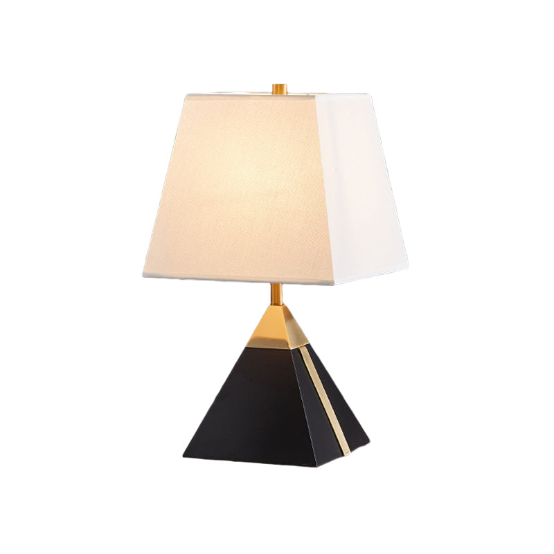 Modern Trapezoid Night Table Light Fabric 1 Light Bedroom Night Lamp in White/Flaxen with Black Pyramid Base Clearhalo 'Lamps' 'Table Lamps' Lighting' 736515