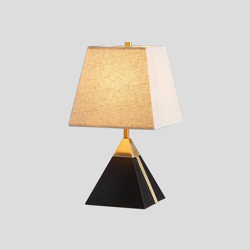 Modern Trapezoid Night Table Light Fabric 1 Light Bedroom Night Lamp in White/Flaxen with Black Pyramid Base Clearhalo 'Lamps' 'Table Lamps' Lighting' 736520