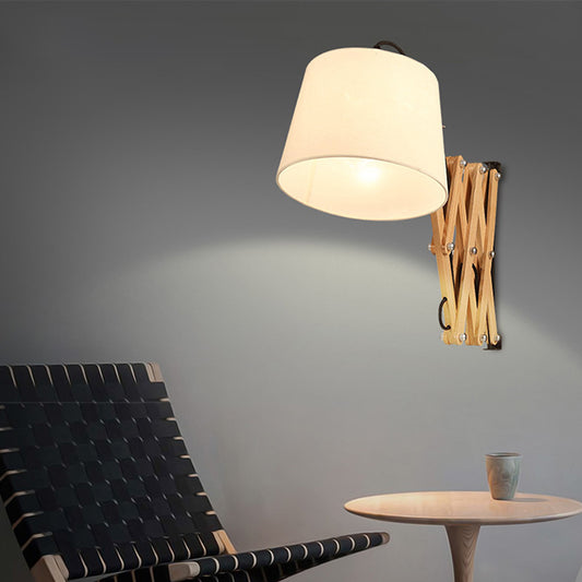 Expansion Arm Sconce Lighting Modernism Wood 1 Light Beige Wall Mounted Lamp with Cylinder White Fabric Shade White Clearhalo 'Modern wall lights' 'Modern' 'Wall Lamps & Sconces' 'Wall Lights' Lighting' 736561