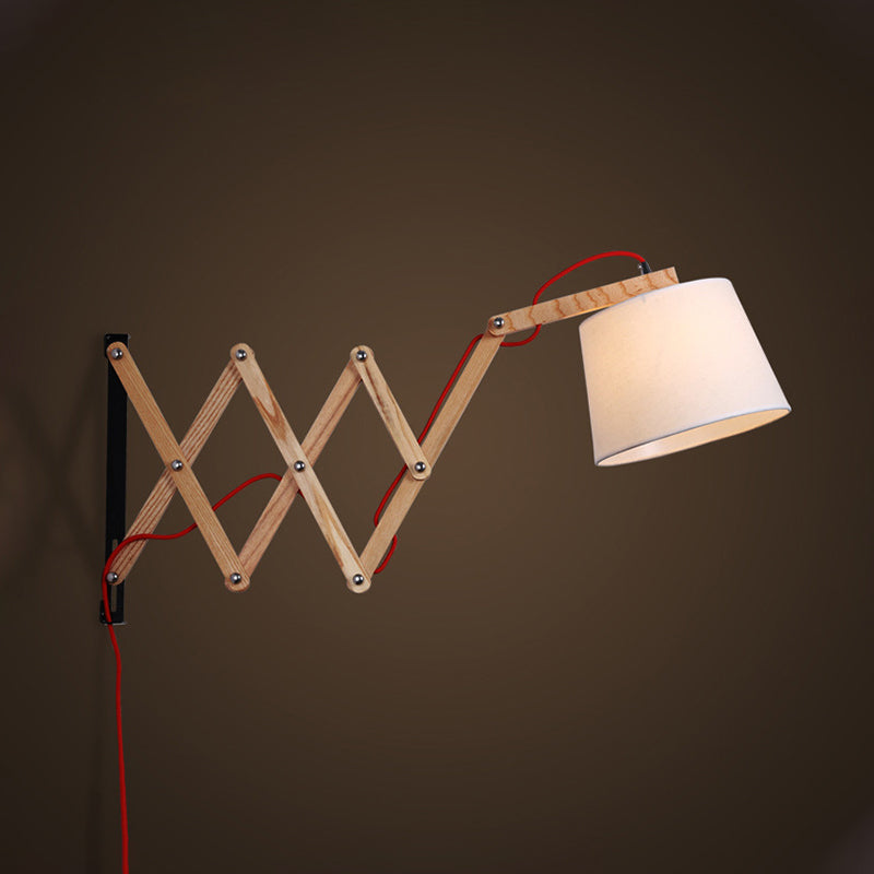 Expansion Arm Sconce Lighting Modernism Wood 1 Light Beige Wall Mounted Lamp with Cylinder White Fabric Shade Clearhalo 'Modern wall lights' 'Modern' 'Wall Lamps & Sconces' 'Wall Lights' Lighting' 736563