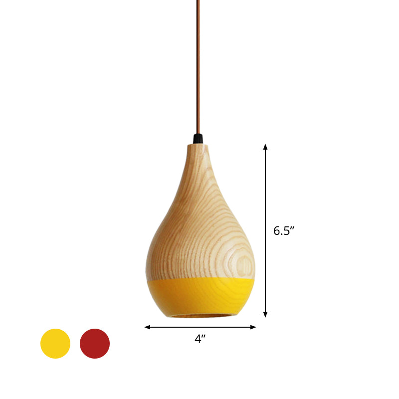 1 Light Dining Room Hanging Light Modern Red/Yellow LED Pendant Lamp with Teardrop Wood Shade Clearhalo 'Ceiling Lights' 'Modern Pendants' 'Modern' 'Pendant Lights' 'Pendants' Lighting' 736601