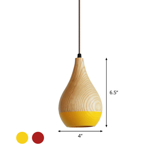 1 Light Dining Room Hanging Light Modern Red/Yellow LED Pendant Lamp with Teardrop Wood Shade Clearhalo 'Ceiling Lights' 'Modern Pendants' 'Modern' 'Pendant Lights' 'Pendants' Lighting' 736601