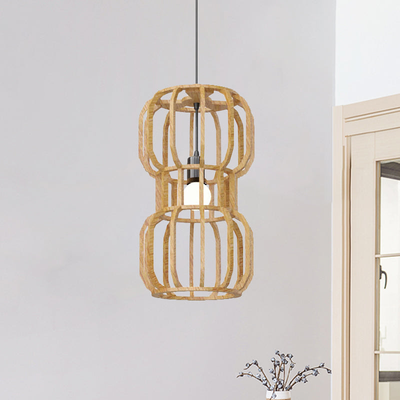 Wood Dumbbell Frame Pendant Light Asian 1 Head Beige Hanging Lamp Kit for Restaurant Wood Clearhalo 'Ceiling Lights' 'Pendant Lights' 'Pendants' Lighting' 736606_0db41c45-d3e9-4be5-a820-be1a1af655e0