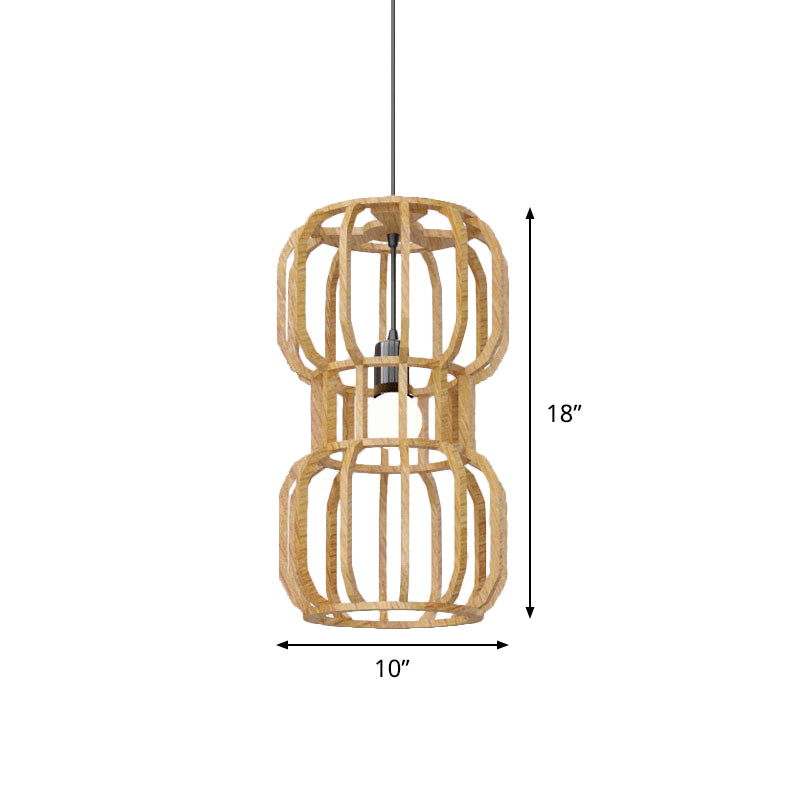 Wood Dumbbell Frame Pendant Light Asian 1 Head Beige Hanging Lamp Kit for Restaurant Clearhalo 'Ceiling Lights' 'Pendant Lights' 'Pendants' Lighting' 736609