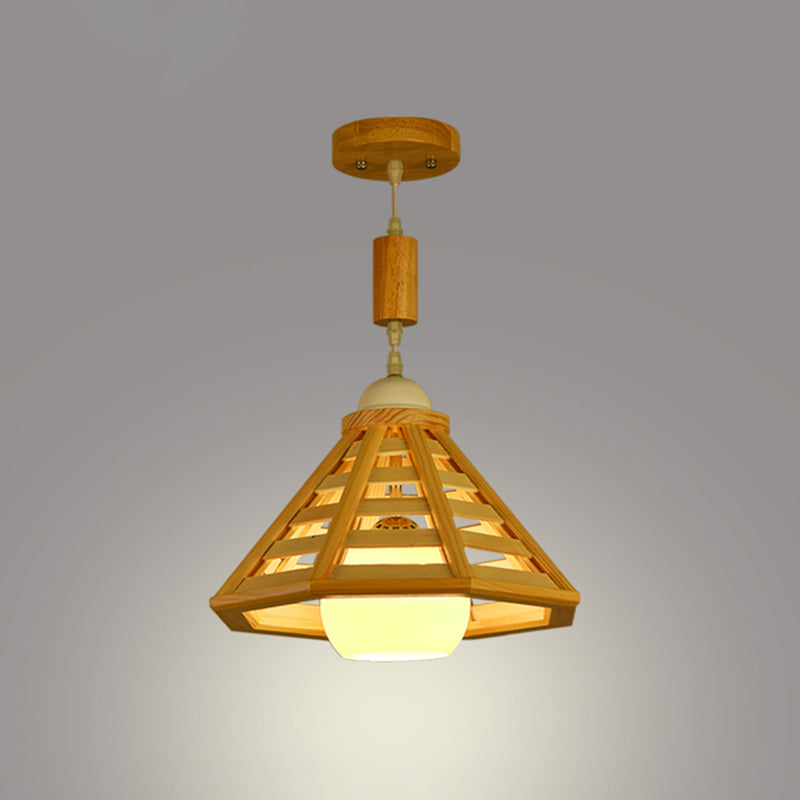 Cone Cage Down Lighting Modernist Wood 1 Light Beige Pendant Lamp Fixture for Dining Room Clearhalo 'Ceiling Lights' 'Modern Pendants' 'Modern' 'Pendant Lights' 'Pendants' Lighting' 736612