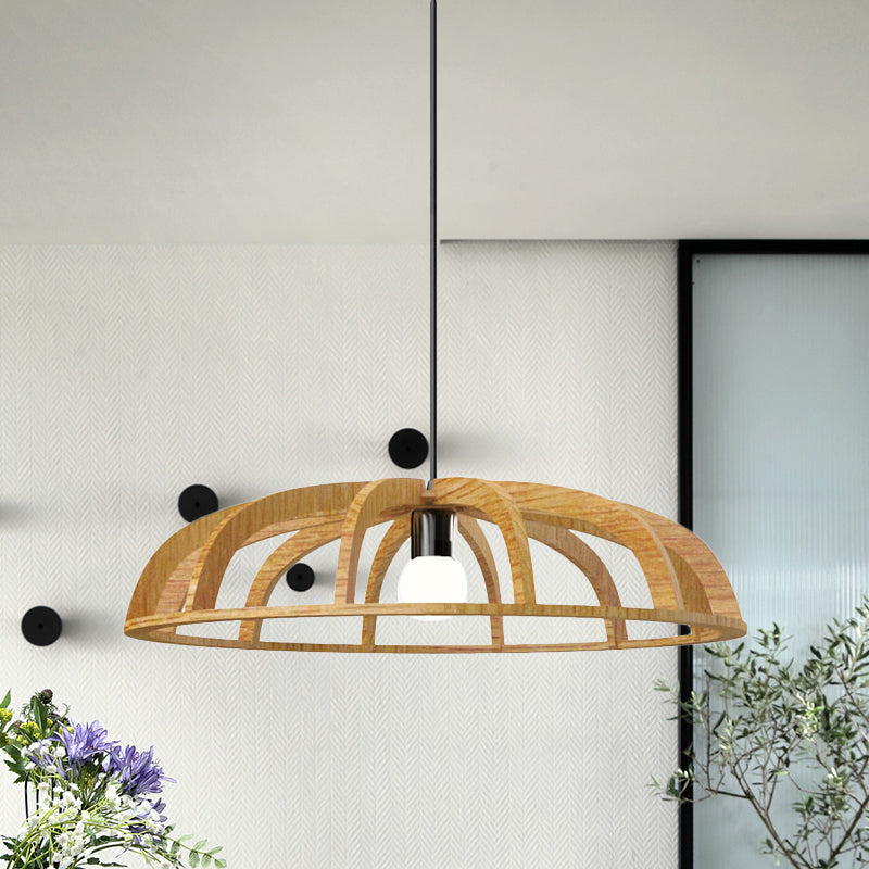 Flat Bowl Frame Hallway Suspension Light Wood 1 Bulb Asian Style Beige Ceiling Pendant Light Clearhalo 'Ceiling Lights' 'Pendant Lights' 'Pendants' Lighting' 736618