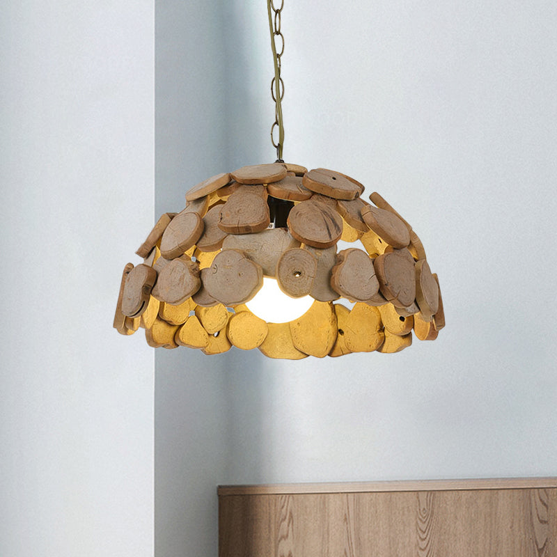 1-Head Restaurant Ceiling Light Asian Brown Hanging Lamp Kit with Dome Wood Block Shade Brown Clearhalo 'Ceiling Lights' 'Pendant Lights' 'Pendants' Lighting' 736626_2535e8f6-69ad-4deb-a5c1-396ee6ceb6c1