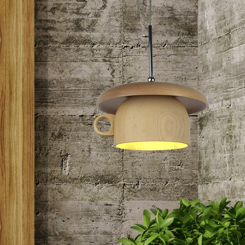 Wood Coffee-Cup Drop Pendant Light Modernist 1-Bulb LED Beige Ceiling Hang Fixture Wood Clearhalo 'Ceiling Lights' 'Modern Pendants' 'Modern' 'Pendant Lights' 'Pendants' Lighting' 736642