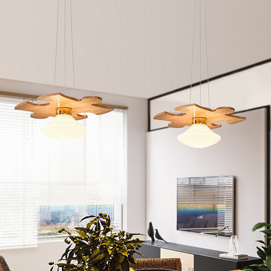 Wood Jigsaw Puzzle Suspension Light Modern 1 Light Hanging Lamp Kit with Mushroom Cream Glass Shade Wood Clearhalo 'Ceiling Lights' 'Modern Pendants' 'Modern' 'Pendant Lights' 'Pendants' Lighting' 736650