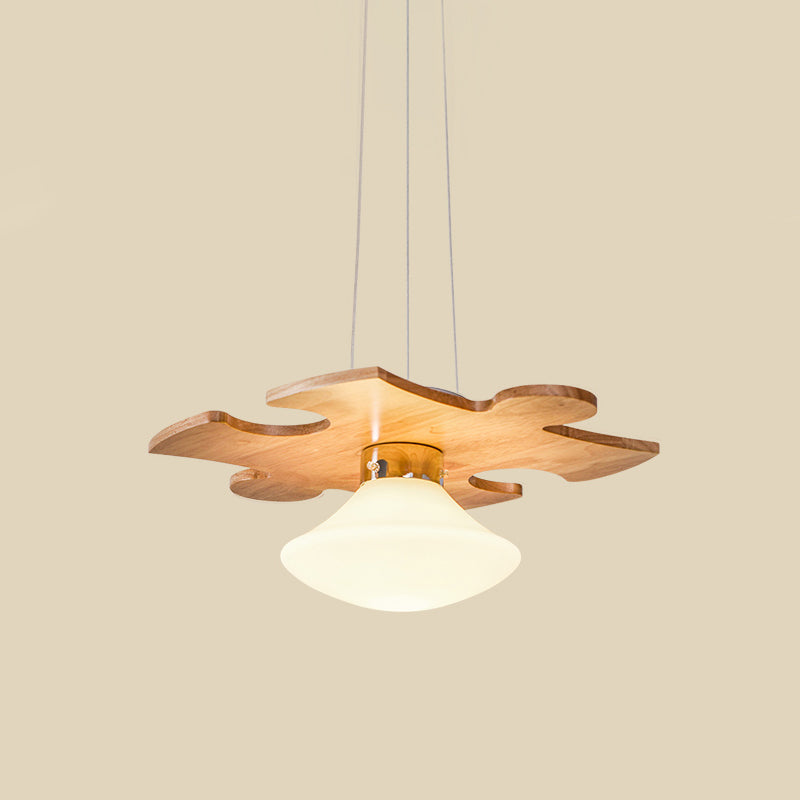 Wood Jigsaw Puzzle Suspension Light Modern 1 Light Hanging Lamp Kit with Mushroom Cream Glass Shade Clearhalo 'Ceiling Lights' 'Modern Pendants' 'Modern' 'Pendant Lights' 'Pendants' Lighting' 736652
