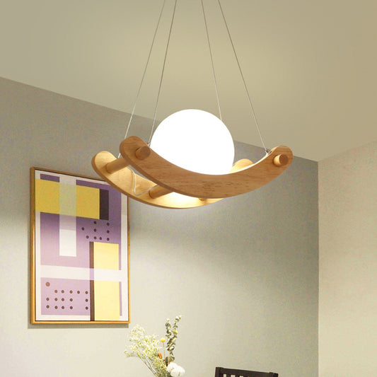 Beige Arced Pendant Modernist 1 Light Wood Hanging Ceiling Lamp with Orb Milk White Glass Shade Wood Clearhalo 'Ceiling Lights' 'Modern Pendants' 'Modern' 'Pendant Lights' 'Pendants' Lighting' 736658
