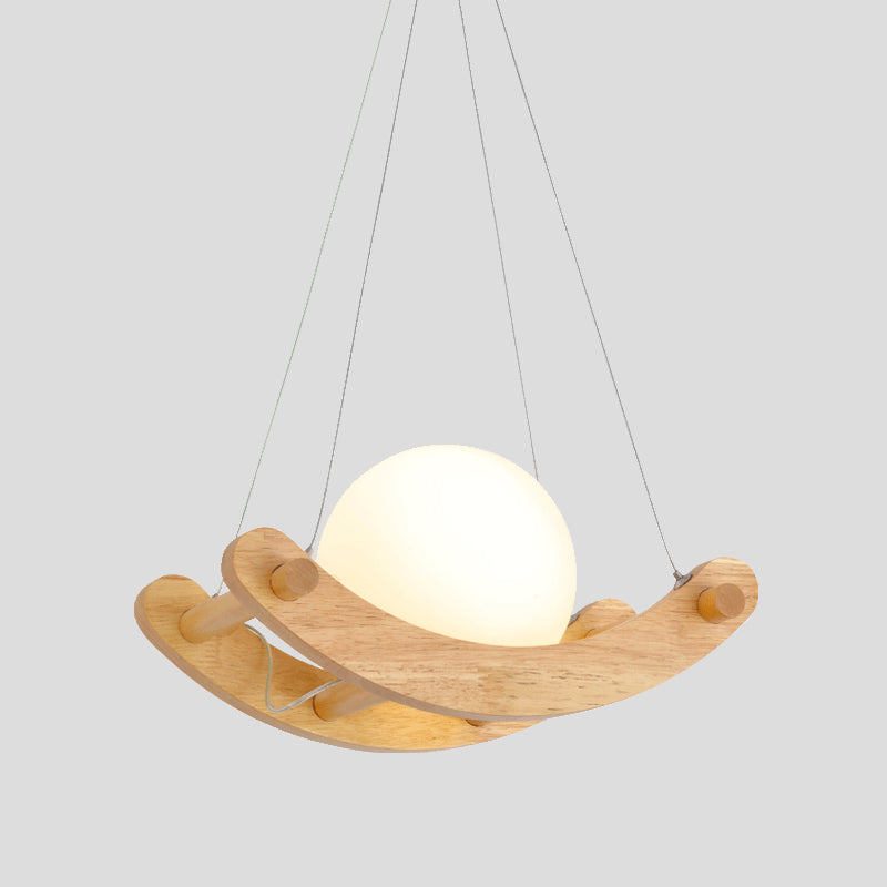 Beige Arced Pendant Modernist 1 Light Wood Hanging Ceiling Lamp with Orb Milk White Glass Shade Clearhalo 'Ceiling Lights' 'Modern Pendants' 'Modern' 'Pendant Lights' 'Pendants' Lighting' 736660