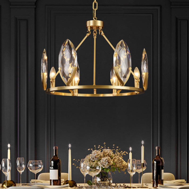 6/8 Bulbs Living Room Hanging Light Kit Modernist Gold Ring Chandelier Lamp Fixture with Oval Crystal Shade 6 Gold Clearhalo 'Ceiling Lights' 'Chandeliers' 'Modern Chandeliers' 'Modern' Lighting' 736666