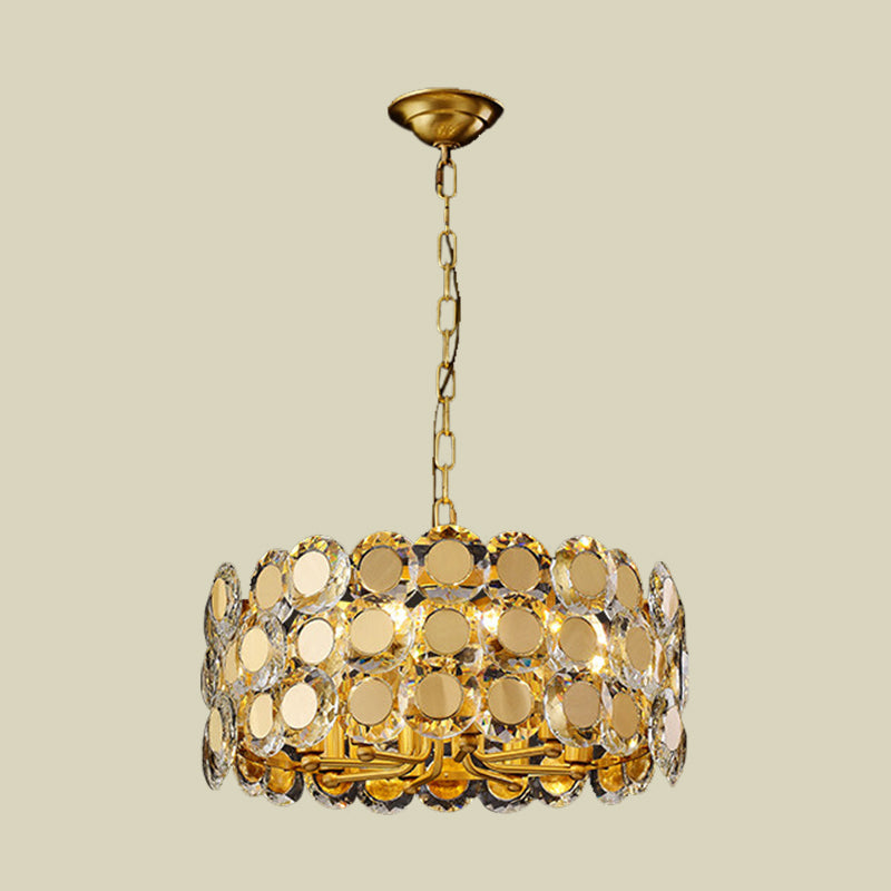 Brass Finish Drum Pendant Light Kit Contemporary 8-Light Crystal Block Hanging Chandelier Clearhalo 'Ceiling Lights' 'Chandeliers' 'Modern Chandeliers' 'Modern' Lighting' 736676