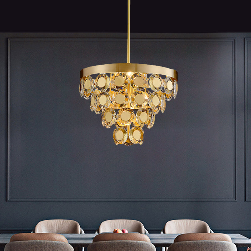 Cone Chandelier Pendant Light Modernism Crystal Block 5 Bulbs Restaurant Suspension Lamp in Brass Brass Clearhalo 'Ceiling Lights' 'Chandeliers' 'Modern Chandeliers' 'Modern' Lighting' 736678