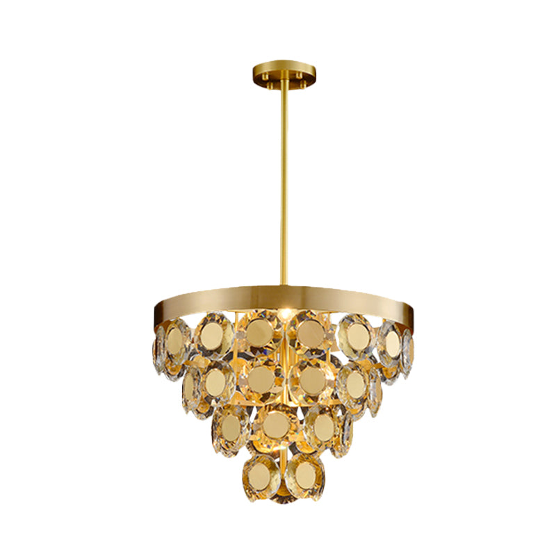 Cone Chandelier Pendant Light Modernism Crystal Block 5 Bulbs Restaurant Suspension Lamp in Brass Clearhalo 'Ceiling Lights' 'Chandeliers' 'Modern Chandeliers' 'Modern' Lighting' 736679