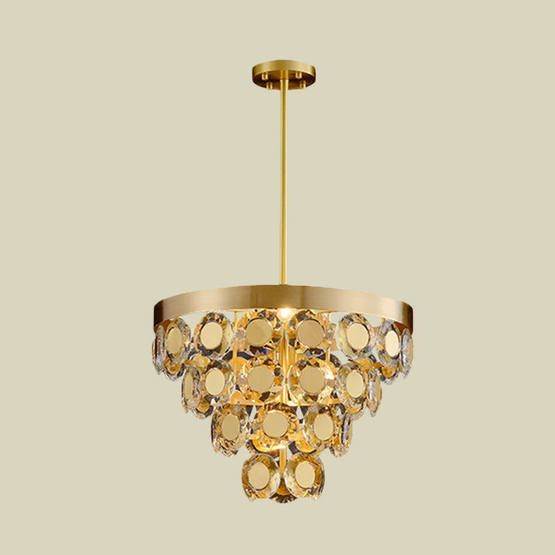 Cone Chandelier Pendant Light Modernism Crystal Block 5 Bulbs Restaurant Suspension Lamp in Brass Clearhalo 'Ceiling Lights' 'Chandeliers' 'Modern Chandeliers' 'Modern' Lighting' 736680