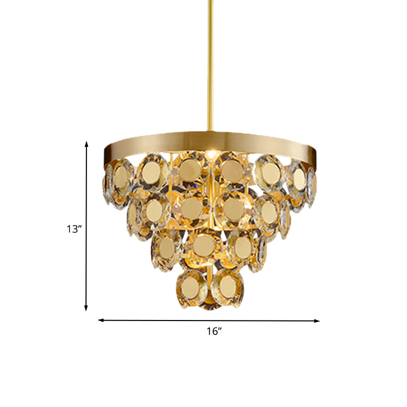 Cone Chandelier Pendant Light Modernism Crystal Block 5 Bulbs Restaurant Suspension Lamp in Brass Clearhalo 'Ceiling Lights' 'Chandeliers' 'Modern Chandeliers' 'Modern' Lighting' 736681