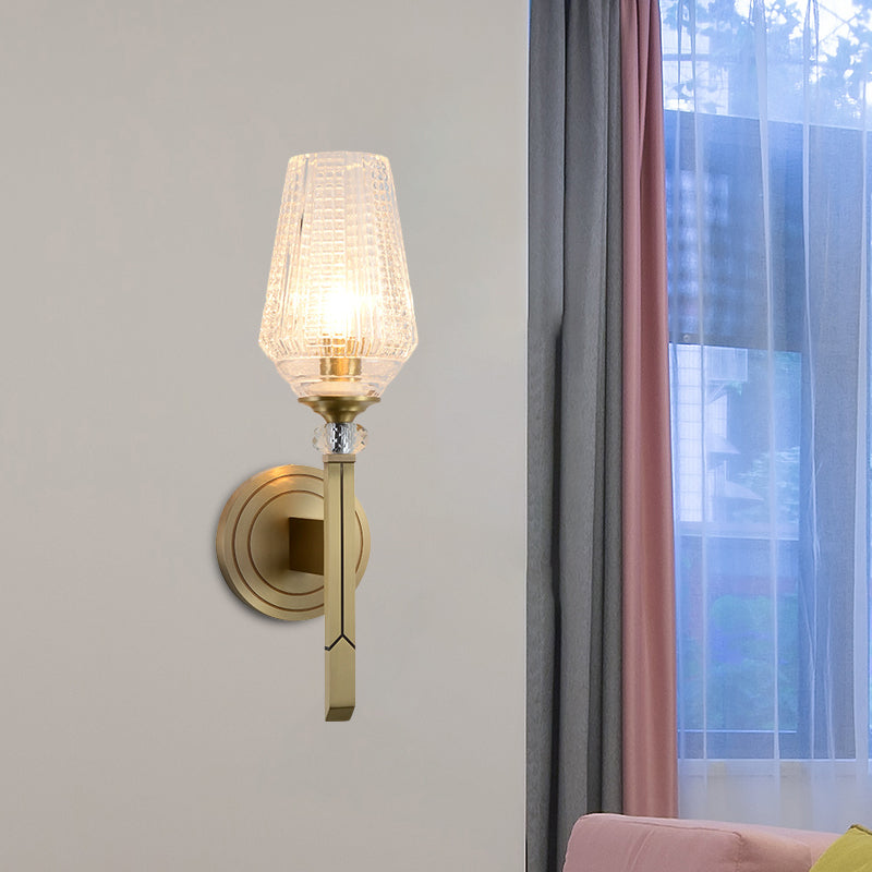 Post-Modern Cup Shaped Sconce Clear Ribbed Glass 1 Head Bedside Wall Light Fixture Brass Clearhalo 'Cast Iron' 'Glass' 'Industrial' 'Modern wall lights' 'Modern' 'Tiffany' 'Traditional wall lights' 'Wall Lamps & Sconces' 'Wall Lights' Lighting' 736682