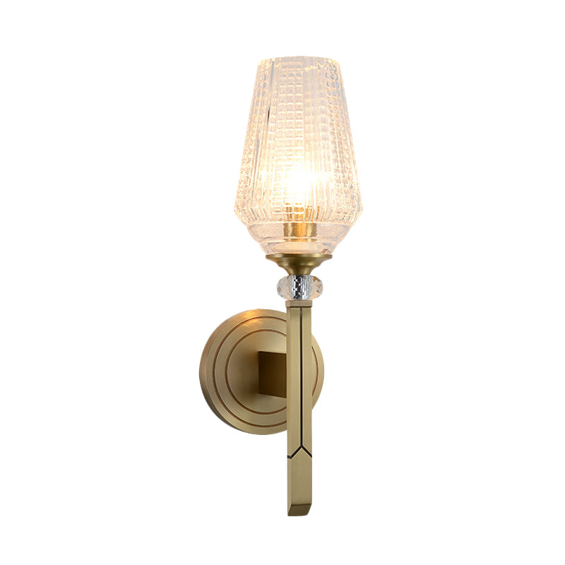 Post-Modern Cup Shaped Sconce Clear Ribbed Glass 1 Head Bedside Wall Light Fixture Clearhalo 'Cast Iron' 'Glass' 'Industrial' 'Modern wall lights' 'Modern' 'Tiffany' 'Traditional wall lights' 'Wall Lamps & Sconces' 'Wall Lights' Lighting' 736683