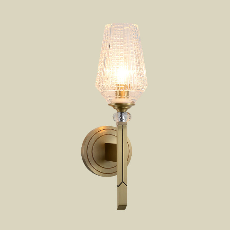 Post-Modern Cup Shaped Sconce Clear Ribbed Glass 1 Head Bedside Wall Light Fixture Clearhalo 'Cast Iron' 'Glass' 'Industrial' 'Modern wall lights' 'Modern' 'Tiffany' 'Traditional wall lights' 'Wall Lamps & Sconces' 'Wall Lights' Lighting' 736684