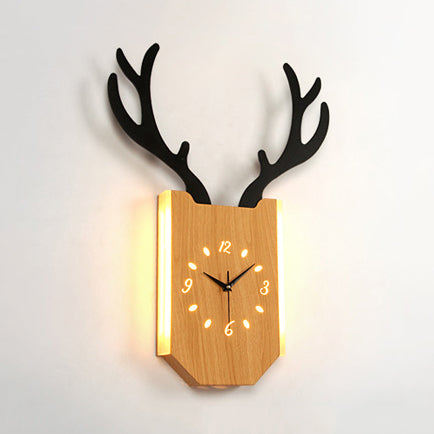 Wood Clock Shape Sconce Light with Antlers Hallway Foyer Rustic Animal LED Wall Lamp Wood Warm Clearhalo 'Wall Lamps & Sconces' 'Wall Lights' Lighting' 73669