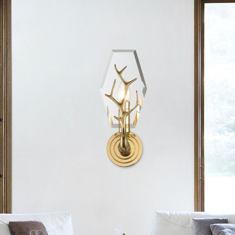 Crystal Panel Wall Mount Lighting Modernism 1-Bulb Wall Lamp Sconce in Brass with Antler Arm Brass Clearhalo 'Cast Iron' 'Glass' 'Industrial' 'Modern wall lights' 'Modern' 'Tiffany' 'Traditional wall lights' 'Wall Lamps & Sconces' 'Wall Lights' Lighting' 736690