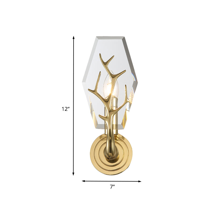 Crystal Panel Wall Mount Lighting Modernism 1-Bulb Wall Lamp Sconce in Brass with Antler Arm Clearhalo 'Cast Iron' 'Glass' 'Industrial' 'Modern wall lights' 'Modern' 'Tiffany' 'Traditional wall lights' 'Wall Lamps & Sconces' 'Wall Lights' Lighting' 736693