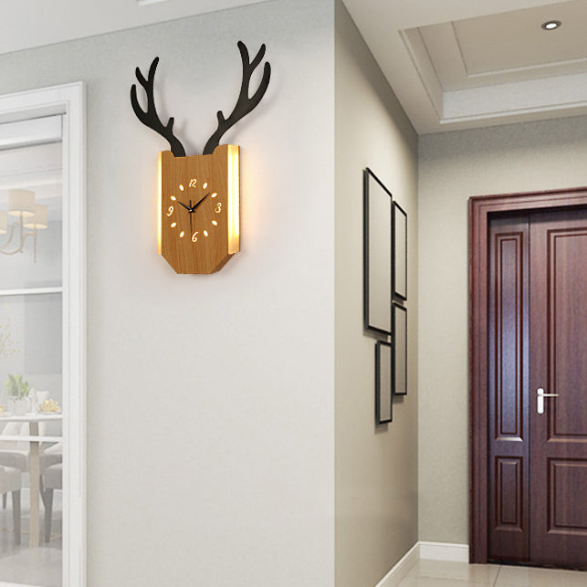 Wood Clock Shape Sconce Light with Antlers Hallway Foyer Rustic Animal LED Wall Lamp Clearhalo 'Wall Lamps & Sconces' 'Wall Lights' Lighting' 73671