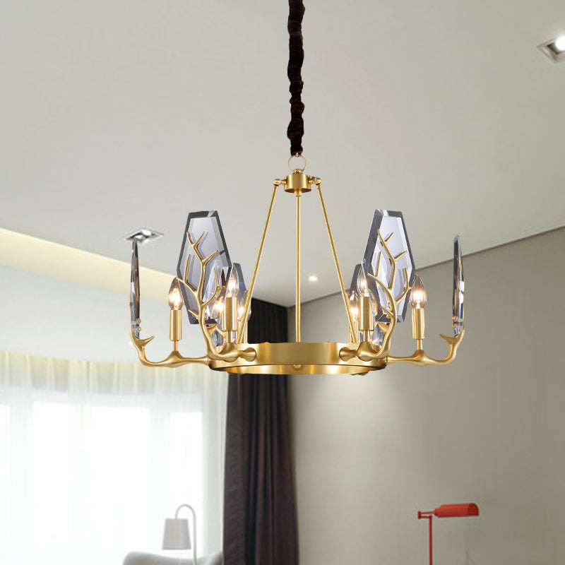 Brass Panel Pendant Chandelier Modernism 6/8 Lights Crystal Round Hanging Ceiling Lamp 6 Brass Clearhalo 'Ceiling Lights' 'Chandeliers' 'Modern Chandeliers' 'Modern' Lighting' 736710