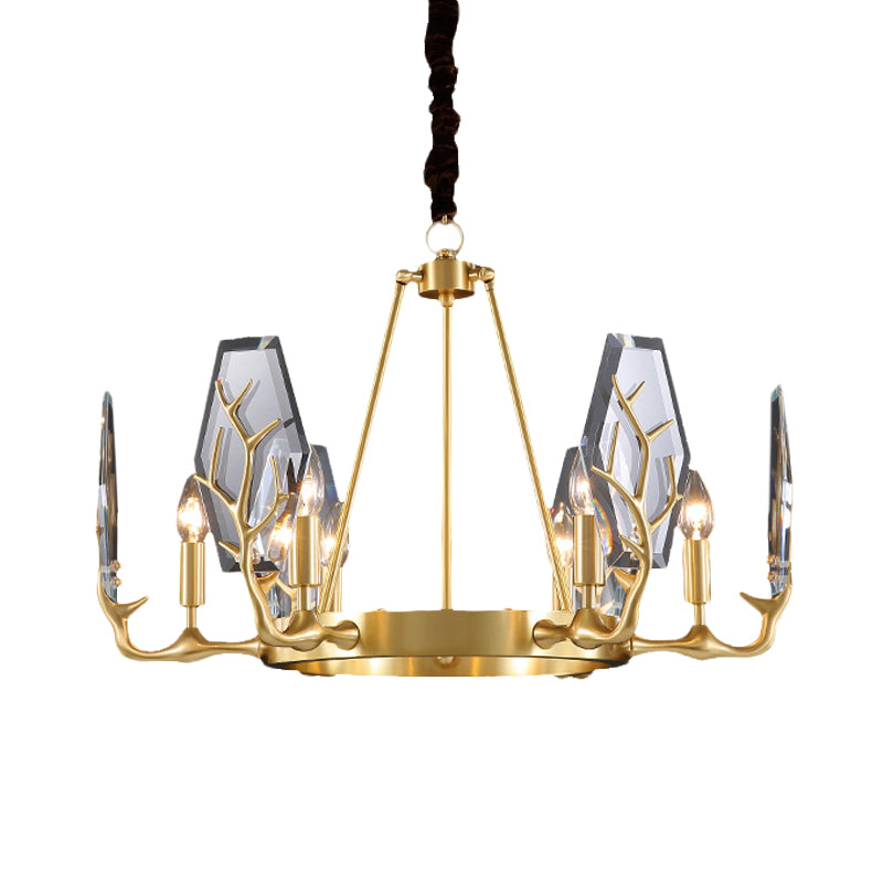 Brass Panel Pendant Chandelier Modernism 6/8 Lights Crystal Round Hanging Ceiling Lamp Clearhalo 'Ceiling Lights' 'Chandeliers' 'Modern Chandeliers' 'Modern' Lighting' 736711