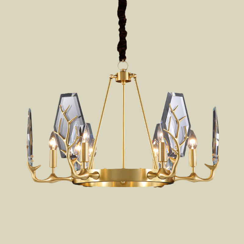 Brass Panel Pendant Chandelier Modernism 6/8 Lights Crystal Round Hanging Ceiling Lamp Clearhalo 'Ceiling Lights' 'Chandeliers' 'Modern Chandeliers' 'Modern' Lighting' 736712