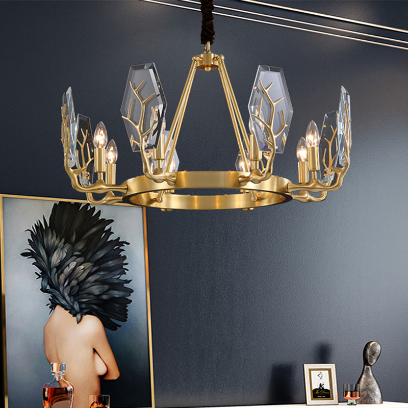 Brass Panel Pendant Chandelier Modernism 6/8 Lights Crystal Round Hanging Ceiling Lamp 8 Brass Clearhalo 'Ceiling Lights' 'Chandeliers' 'Modern Chandeliers' 'Modern' Lighting' 736714