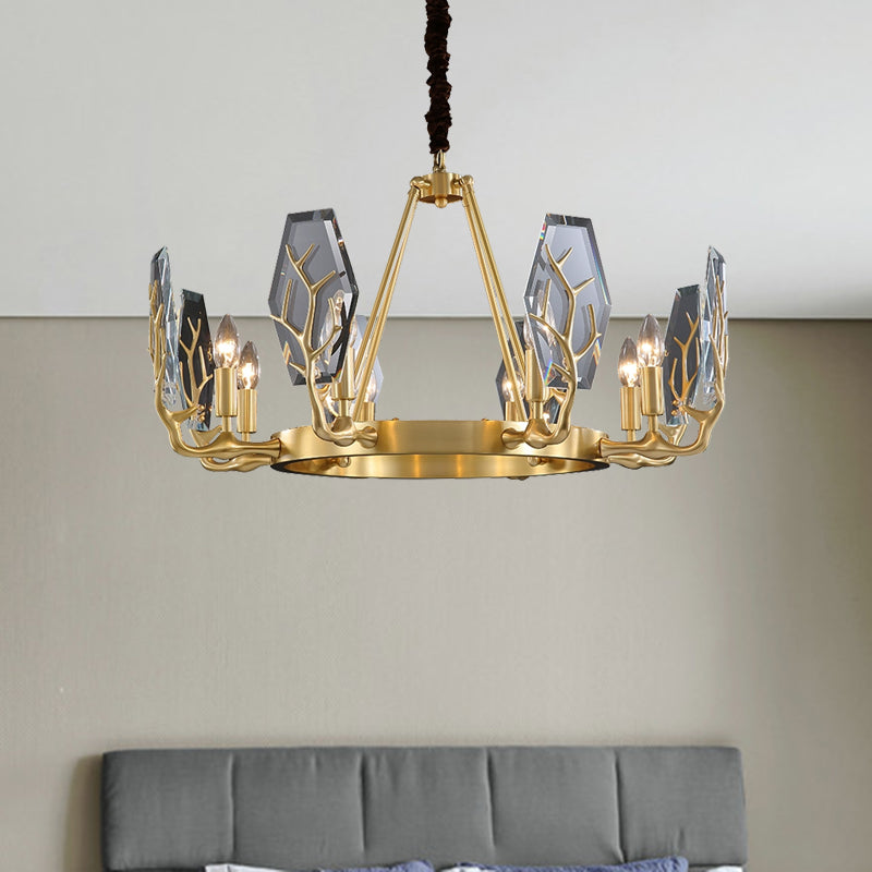 Brass Panel Pendant Chandelier Modernism 6/8 Lights Crystal Round Hanging Ceiling Lamp Clearhalo 'Ceiling Lights' 'Chandeliers' 'Modern Chandeliers' 'Modern' Lighting' 736715