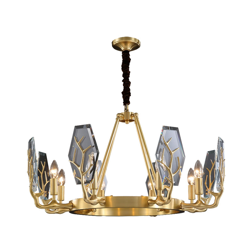 Brass Panel Pendant Chandelier Modernism 6/8 Lights Crystal Round Hanging Ceiling Lamp Clearhalo 'Ceiling Lights' 'Chandeliers' 'Modern Chandeliers' 'Modern' Lighting' 736716