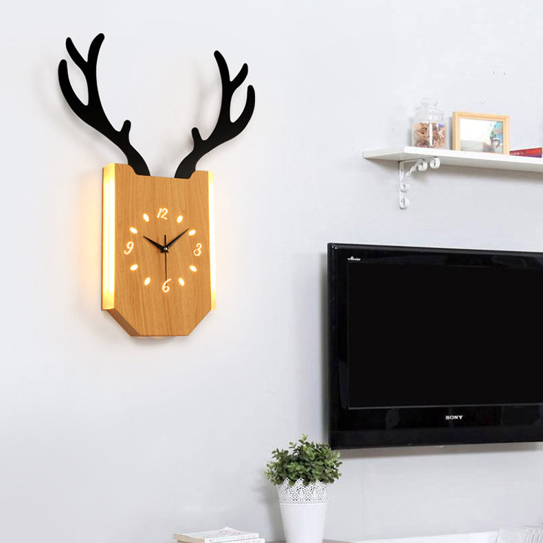 Wood Clock Shape Sconce Light with Antlers Hallway Foyer Rustic Animal LED Wall Lamp Clearhalo 'Wall Lamps & Sconces' 'Wall Lights' Lighting' 73672