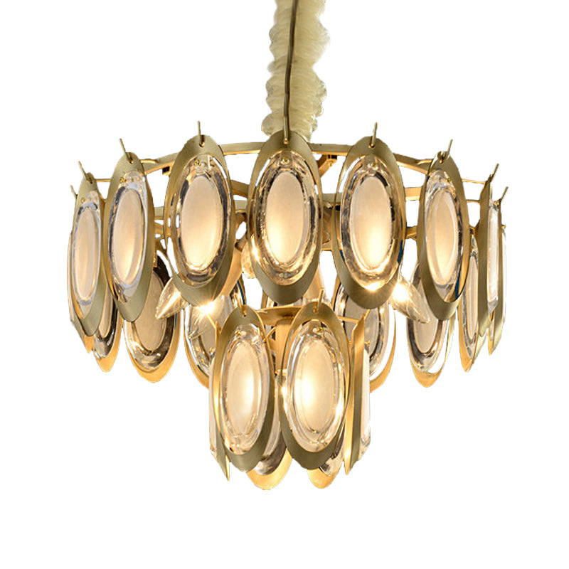 Metallic 2-Tier Oblong Chandelier Lighting Modern 7 Bulbs Brass Finish Hanging Ceiling Lamp Clearhalo 'Ceiling Lights' 'Chandeliers' 'Modern Chandeliers' 'Modern' Lighting' 736723