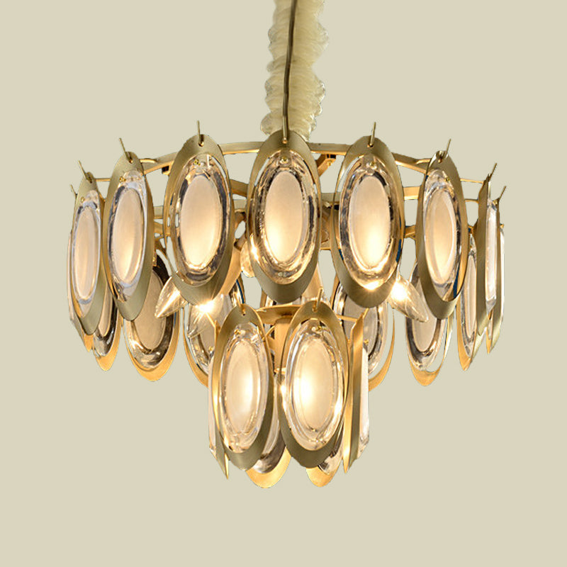 Metallic 2-Tier Oblong Chandelier Lighting Modern 7 Bulbs Brass Finish Hanging Ceiling Lamp Clearhalo 'Ceiling Lights' 'Chandeliers' 'Modern Chandeliers' 'Modern' Lighting' 736724