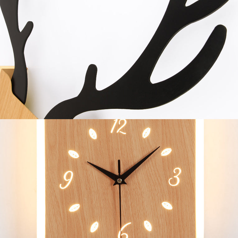 Wood Clock Shape Sconce Light with Antlers Hallway Foyer Rustic Animal LED Wall Lamp Clearhalo 'Wall Lamps & Sconces' 'Wall Lights' Lighting' 73673