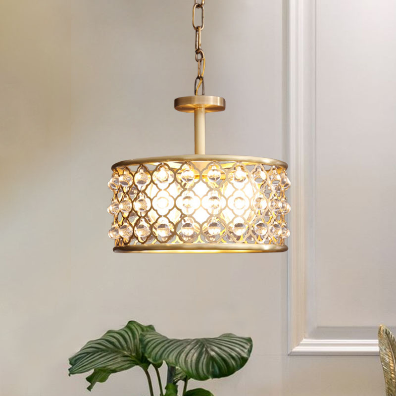 5 Bulbs Drum Chandelier Light Traditional Brass Metal Pendant Lighting Fixture with Clear Crystal Accent Brass Clearhalo 'Ceiling Lights' 'Chandeliers' Lighting' options 736730_a19f9288-e9ff-417d-a89c-3dd4d86f48a6