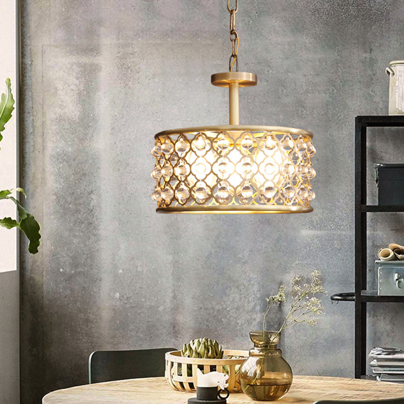 5 Bulbs Drum Chandelier Light Traditional Brass Metal Pendant Lighting Fixture with Clear Crystal Accent Clearhalo 'Ceiling Lights' 'Chandeliers' Lighting' options 736731