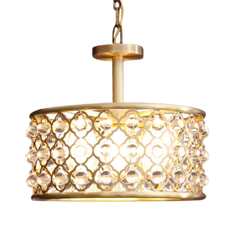 5 Bulbs Drum Chandelier Light Traditional Brass Metal Pendant Lighting Fixture with Clear Crystal Accent Clearhalo 'Ceiling Lights' 'Chandeliers' Lighting' options 736732