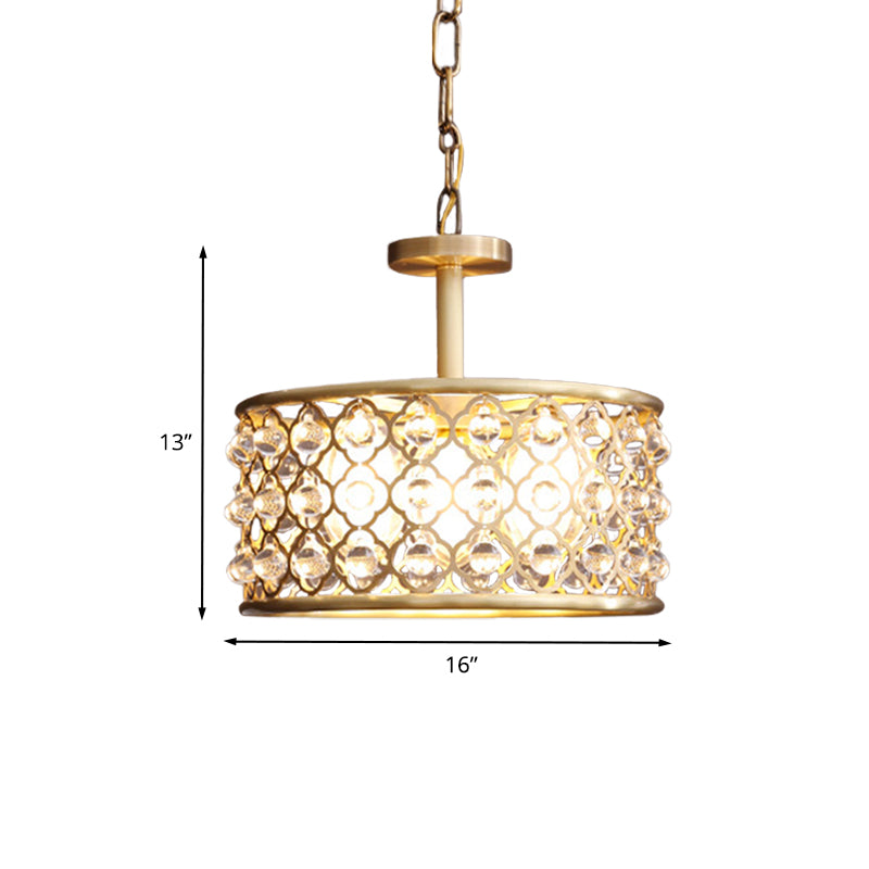 5 Bulbs Drum Chandelier Light Traditional Brass Metal Pendant Lighting Fixture with Clear Crystal Accent Clearhalo 'Ceiling Lights' 'Chandeliers' Lighting' options 736733