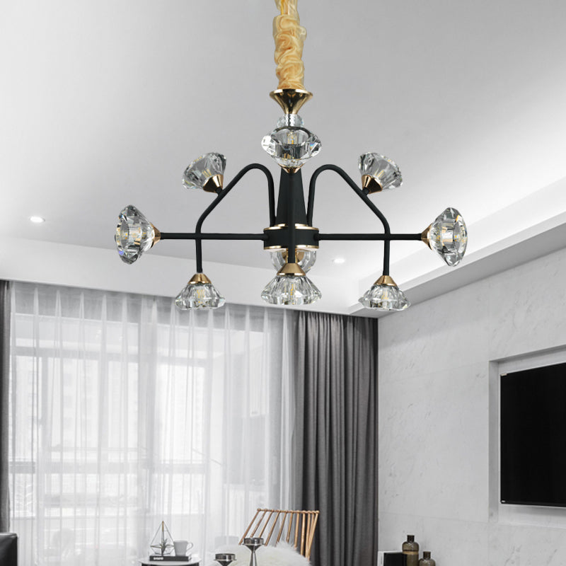 Sputnik Bedroom Chandelier Lamp Modern Metal 9 Bulbs Black Pendant Light with Diamond Crystal Shade Black Clearhalo 'Ceiling Lights' 'Chandeliers' 'Modern Chandeliers' 'Modern' Lighting' 736734