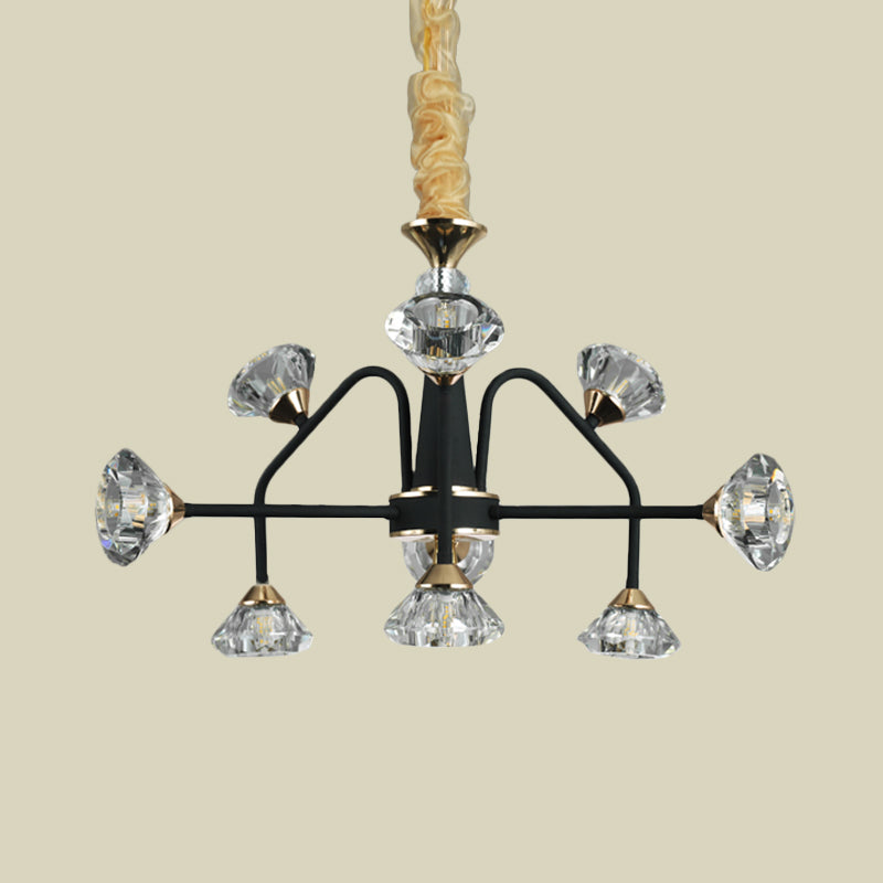 Sputnik Bedroom Chandelier Lamp Modern Metal 9 Bulbs Black Pendant Light with Diamond Crystal Shade Clearhalo 'Ceiling Lights' 'Chandeliers' 'Modern Chandeliers' 'Modern' Lighting' 736736