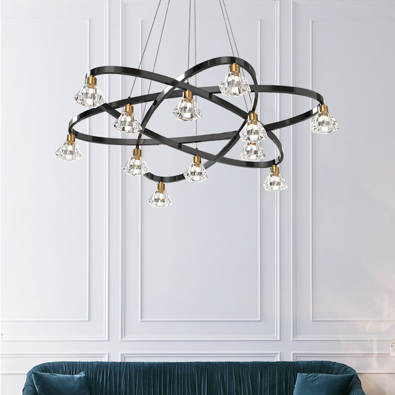 Black 12 Bulbs Chandelier Lamp Modern Metal Star Hanging Light with Diamond Clear Crystal Shade Black Clearhalo 'Ceiling Lights' 'Chandeliers' 'Modern Chandeliers' 'Modern' Lighting' 736738