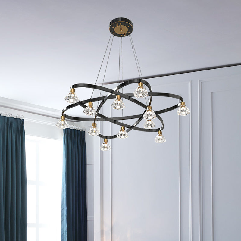 Black 12 Bulbs Chandelier Lamp Modern Metal Star Hanging Light with Diamond Clear Crystal Shade Clearhalo 'Ceiling Lights' 'Chandeliers' 'Modern Chandeliers' 'Modern' Lighting' 736739